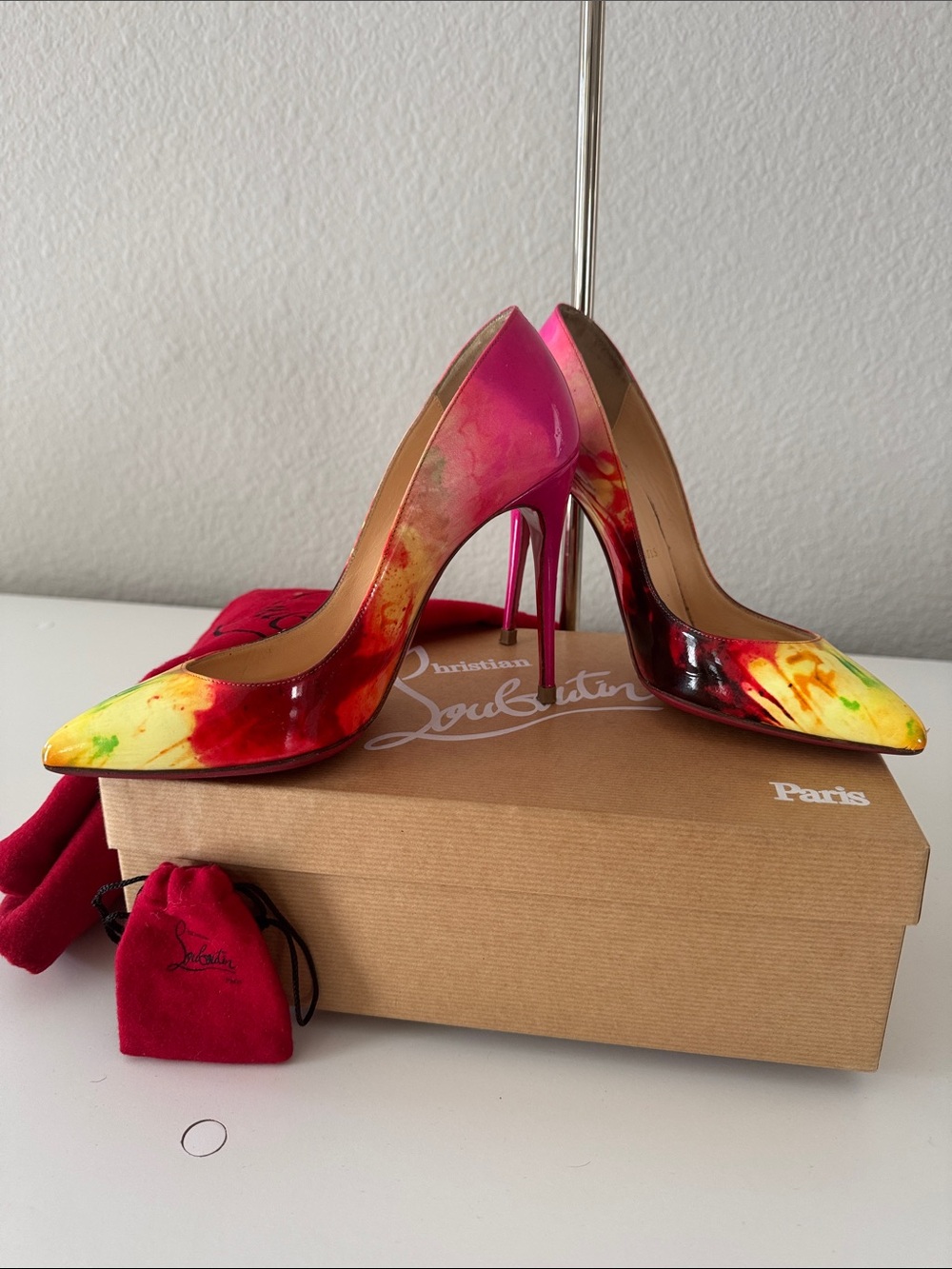 Christian Louboutin Pink and Yellow Watercolor Patent Leather Pumps